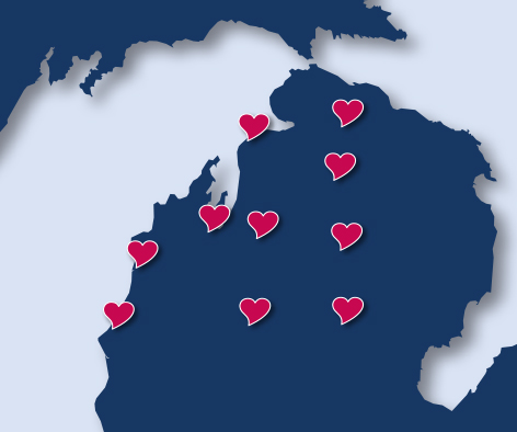 Map of Munson Healthcare service area with hearts denoting hospital locations