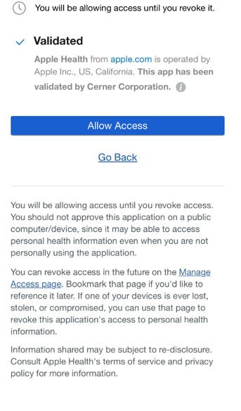 Screenshot showing how to allow Apple access for connecting apps