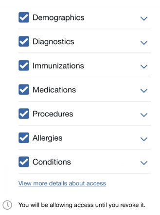 Screenshot showing how to allow access to MyHealthInfo information