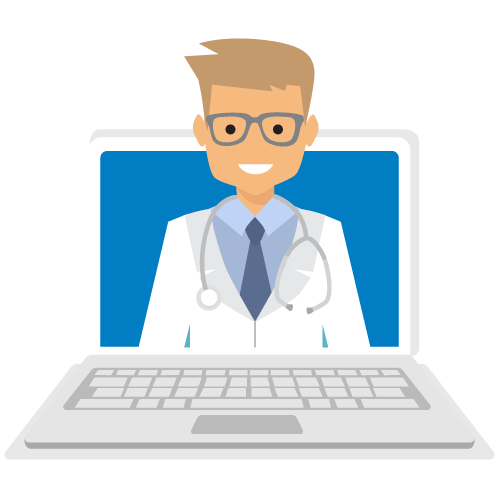 Illustration of doctor emerging from laptop computer screen